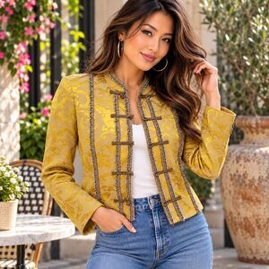 Vintage Parameter Jacket 4 Yellow Floral Brocade Beaded Frog Closure USA